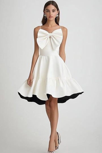 Black and White Spaghetti Straps Satin Short Graduation Dress with Bow